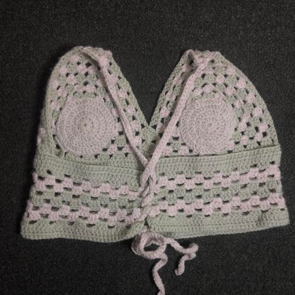 Handmade Boho Granny Square Crochet Halter Crop Top Lace Up Back - Picture 4 of 4